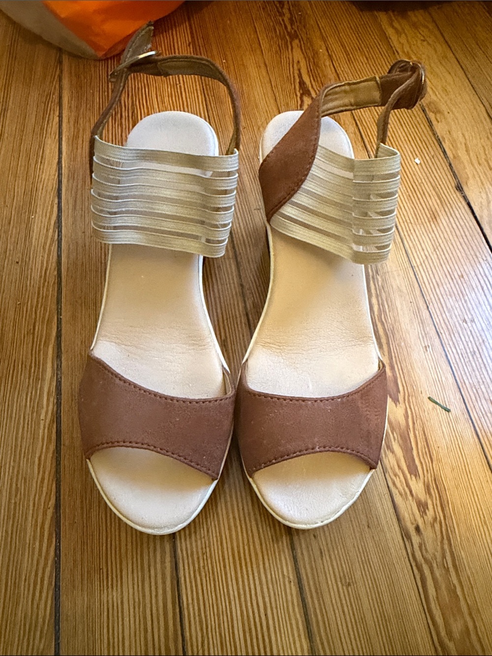 Neutral Brown Suede-Look Sandals with Cream Elastic Ankle Straps
